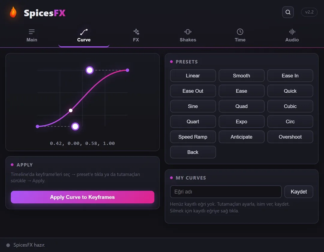 The SpicesFX panel in After Effects, Curve tab